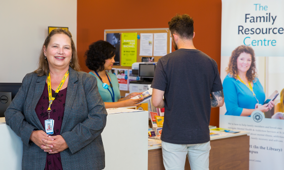 Hélène Hamilton, Chair, Patient and Family Advisory Council in the Family Resource Centre at West 5th Campus. The Family Resource Centre offers tailored information to help family and friends supporting loved ones struggling with mental illness or addiction issues.
