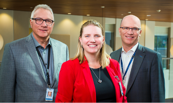From left to right: Mr. Adriaan Korstanje, Chair, St. Joseph's Hamilton Joint Boards of Governors; Ms. Melissa Farrell, President, St. Joseph's Healthcare Hamilton; Dr. Thomas Stewart, President and Chief Executive Officer, St. Joseph's Health System, and Chief Executive Officer, Niagara Health.